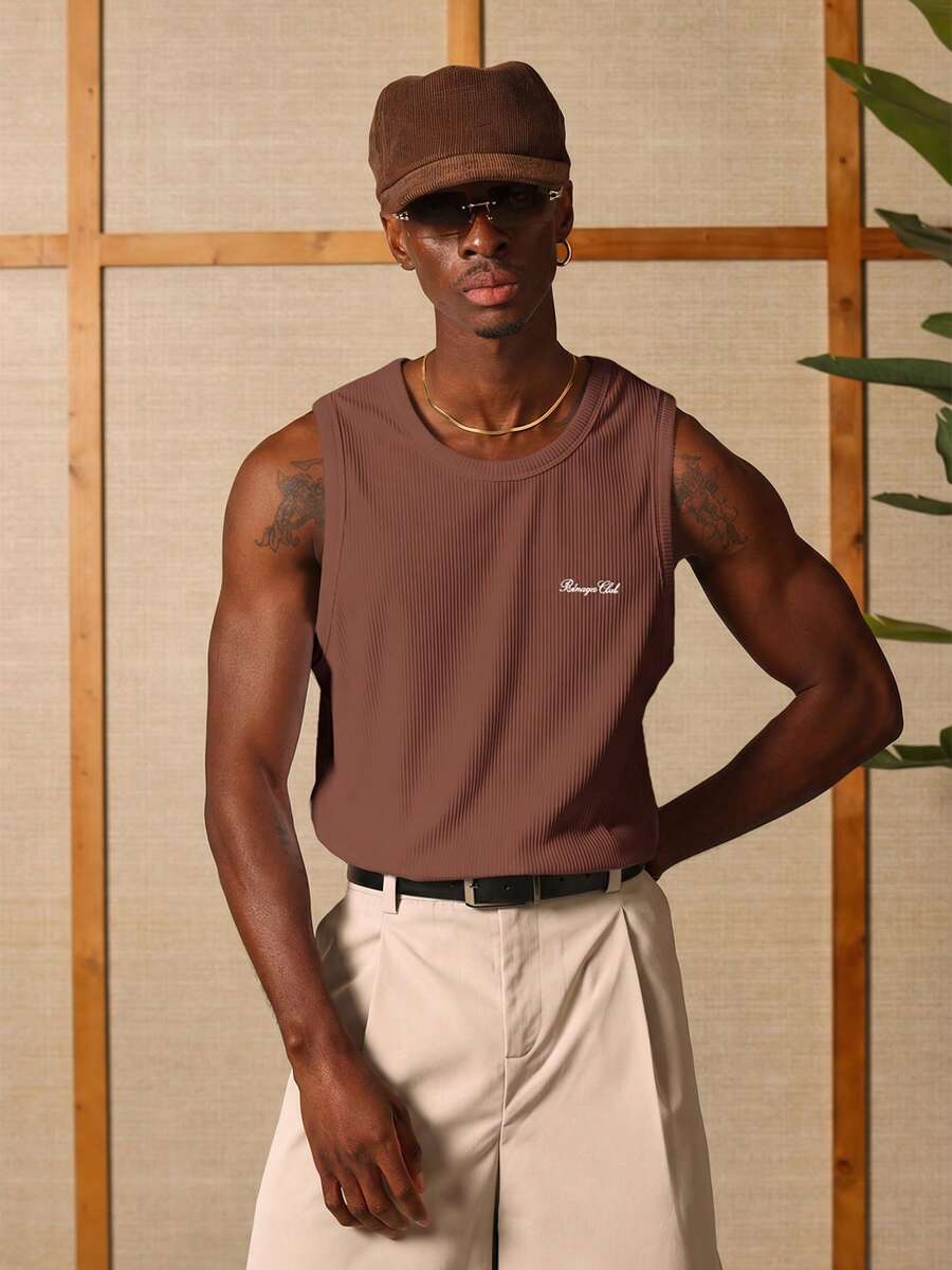 SUMWON 罗纹背心，圆领无袖，饰有品牌标志，夏季休闲必备纯色款 - 巧克力棕 - 查看 1