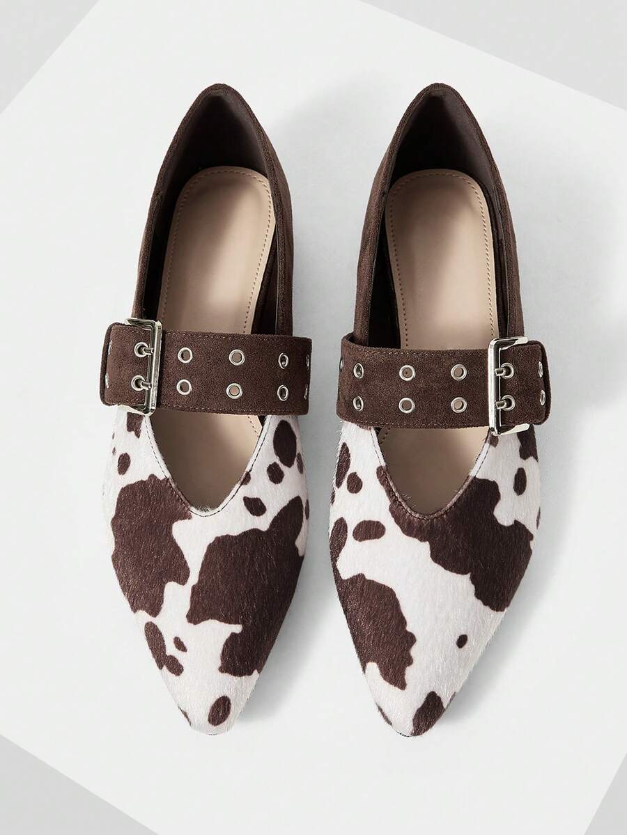 Mnmlis Zapatos planos de punta puntiaguda con correa de estampado de vaca para Navidad - Café integral - Ver 1