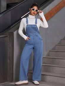 SHEIN PETITE 女式字母刺绣口袋阔腿宽松休闲牛仔连体裤 - 藍色 - 查看 3