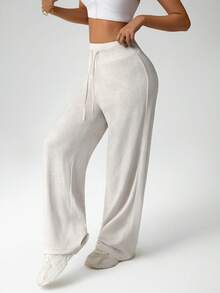 Dewbera Women's Solid Color Drawstring Waist Straight Leg Loose Fit Casual Sweatpants - Creamy White - View 6