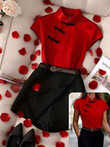 Franclia 1 Set Women's Red Cheongsam Collar Short Sleeve Top And Black Waist Belt Skirt Red And Black Outfit Red Clothes Bow Clothes Black Skirt Red Top - Multicolor - View 6