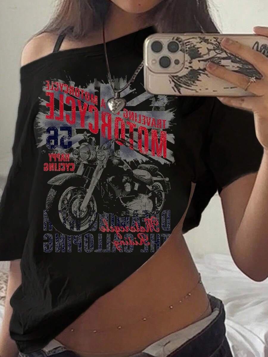 SHEIN EZwear 女士休闲简约摩托车印花露肩宽松短袖T恤 - 彩色 - 查看 1