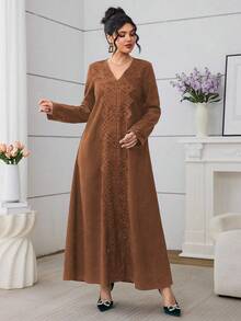 Al Najma Đầm kiểu Ả Rập màu xanh ô liu viền ren, thích hợp mặc hàng ngày, dành cho nữ. - Màu nâu Sô-cô-la - Xem 3
