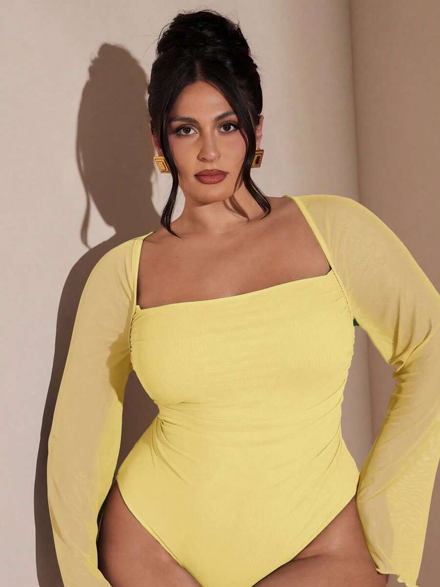 SHEIN BAE Plus Size Women's Elegant Eggplant Purple Long Sleeve Bodysuit, Autumn/Winter - Yellow - View 1