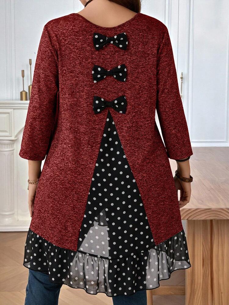 Plus Size Women's Summer Casual Vacation Polka Dot Print Patchwork Back Bow Decor Ruffle Hem T-Shirt,Spring Break,Vacation,Holiday,Going Out,2026 New,Simple And Fashionable For Everyday Wear, Red Casual Top, Polka Dot Trim Top
