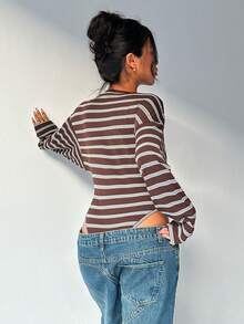 Aloruh Young Lady Casual Everyday Striped Bodysuit With Tight Flare Sleeves - Brown - View 3