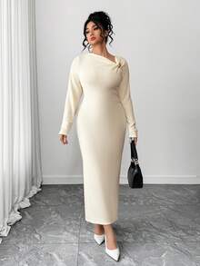 Elenzga Plus Size Women Elegant Oblique Shoulder Long Sleeve Dress, Spring - Apricot - View 5