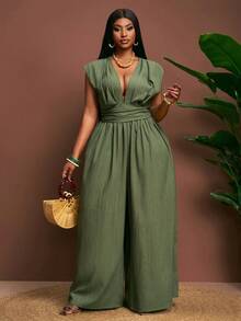 Veslaya 春夏新品音乐节、复活节、圣帕特里克节、西部风、游牧风、生日派对、毕业典礼、学院风、学生装、日常休闲、百搭基础款、休闲、邮轮旅行、海滩、日光浴、爆款、街头风、婚礼宾客波西米亚风、通勤、早午餐、极简基础款、Y2K街头风、畅销款、日常约会、机场无袖V领宽松大码连体裤 - 绿色 - 綠色 - 查看 8