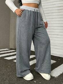 Muchica Große Größen Lässig Graue Loose Jogginghose mit Kordelzug Taille - Dunkelgrau - Übersicht 2