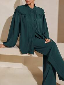 Graceveil 两件套：优雅橄榄绿荷叶边衬衫+裤子，时尚设计 - 墨綠色 - 查看 6