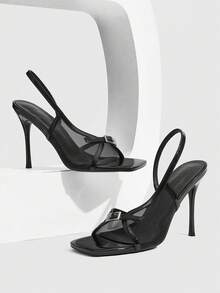 CUCCOO SZL 女士夏季新款黑色方头细跟凉鞋，饰有水钻绑带，网面高跟鞋，性感通勤派对必备 - 黑色 - 查看 3