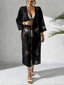 Swim Vcay Kimono Longo Transparente com Bordado Floral Feminino, Estilo Resort de Praia, Primavera/Verão - Preto - Visão 3