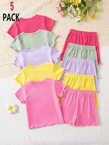 10件套针织短袖短裤套装，色彩缤纷的多件套女童日常休闲装，基础款T恤套装，3D立体花卉图案，可爱舒适，适合休闲运动、叠穿、户外搭配 - 彩色 - 查看 10