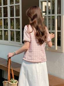 DAZY 女士优雅千鸟格纹理短袖T恤，夏季 - 粉色 - 查看 5