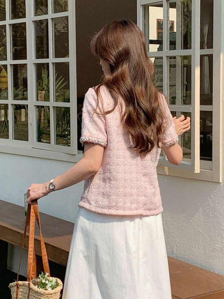 Women's Elegant Houndstooth Textured Short Sleeve T-Shirt, Summer