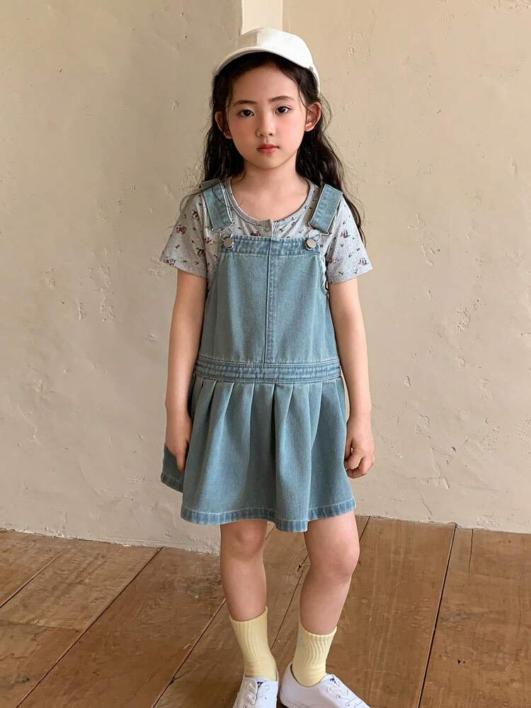 Young Girl' Denim Pinafore Dress, Korean Style, Spring/Summer