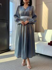 DAZY Đầm dài nữ thanh lịch phối màu, đính sequin, cổ chữ V, tay phồng, xếp ly, thích hợp cho dự tiệc cưới mùa xuân/hè. - Màu xanh lam - Xem 8