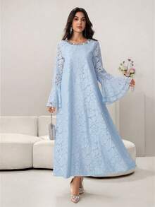 Yasmyna Elegantes Damen Kleid im arabischen Stil mit Spitze, Perlen und Glockenärmeln, Blau, Frühling/Sommer - Blau - Übersicht 3