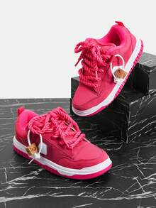 Vate Pink Casual Platform Sneakers For Women, Thick Sole Breathable Mesh, Rope Laces, Unique Wooden Decor, Versatile Streetwear, Daily Commute - Hot Pink - View 1