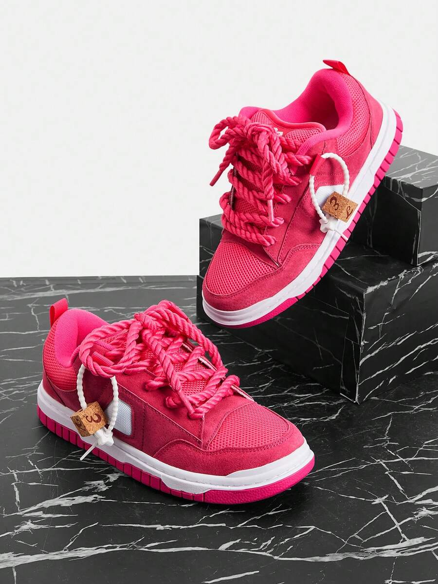 Vate Pink Casual Platform Sneakers For Women, Thick Sole Breathable Mesh, Rope Laces, Unique Wooden Decor, Versatile Streetwear, Daily Commute - Hot Pink - View 1