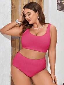 Swim Lushoire Conjunto de bikini de unicolor y textura, para vacaciones de verano en la playa, talla grande - Rosa Fucsia - Ver 5