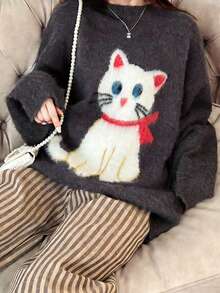 FRIFUL Áo len nữ màu trơn cổ tròn vai rớt tay dài họa tiết mèo móc len, dáng rộng thoải mái, đa năng, thích hợp cho mùa thu/đông. - Màu xám đen - Xem 6