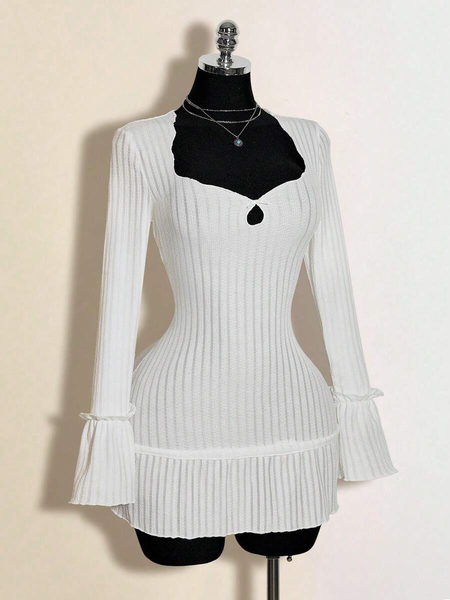 SHEIN ICON Đầm ngắn tay phồng cổ bèo màu trơn dành cho nữ, thích hợp mặc hàng ngày đi làm, mùa xuân/hè/thu. - trắng - Xem 1