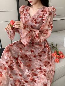 DAZY Đầm nữ thanh lịch họa tiết hoa, cổ chữ V, xếp ly, dài ngang gối, thích hợp dự tiệc cưới mùa xuân/hè, kiểu dáng boho, trang phục đi nghỉ mát. - Đỏ - Xem 1