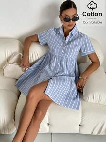 Siren Gaze Women's Button Front Short Sleeve Striped Casual Short Dress,Pastel Dresses For Women Summer - Blue and White - View 1