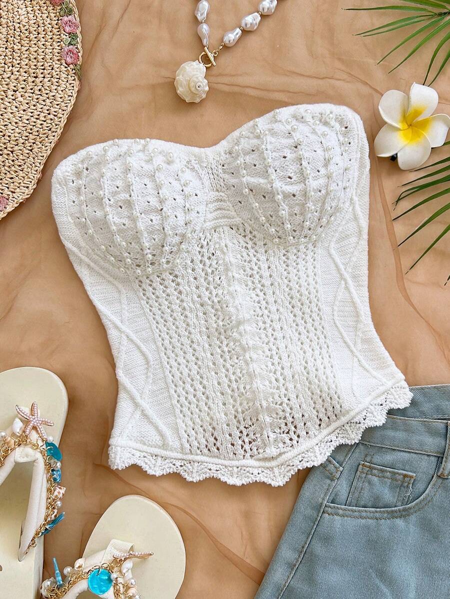 Soleia Top de camiseta de punto de unicolor y diseño calado de moda para mujer - Beis - Ver 1