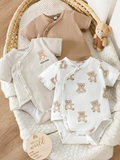 SHEIN 3件套新生儿/婴幼儿/学步男童/女童可爱休闲简约舒适柔软透气短袖连体衣，萌熊印花图案，适合春、夏、秋、冬四季日常穿着、生日派对、摄影等场合
