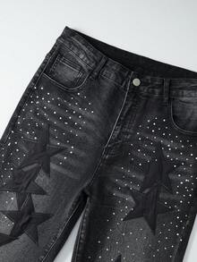 ROMWE MEN 男士休闲日常牛仔裤，带口袋、纽扣和水钻五角星贴片 - 黑色 - 查看 7