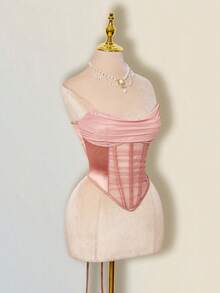 SHEIN ICON 女士纯色不对称下摆时尚抹胸上衣 - 乾枯玫瑰色 - 查看 5