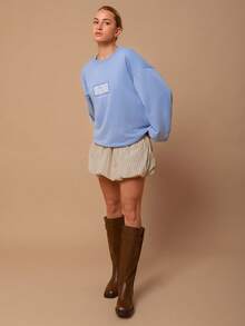 SURIMA Casual Minimalist Printed Pattern Hooded Long Sleeve Loose Fit Women Sweatshirt - Dusty Blue - View 2