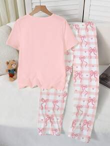 Tween Girl Pink Top With Bow Print, Paired With Bow & Plaid Print Loose Fit 2Pcs Knit Pajama Set, Comfortable, Soft, Sweet & Elegant Style - Pink - View 2