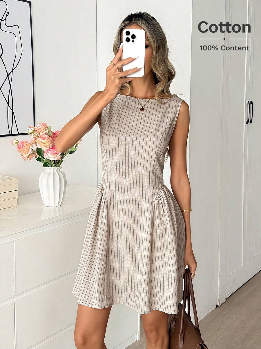 Easowa Women Light Beige Summer Elegant Tea Party Striped Sundress,Sleeveless Waist Gathered A-Line Ruched Low Waistline Woven Casual Relaxed Vintage Dress - Multicolor - View 1