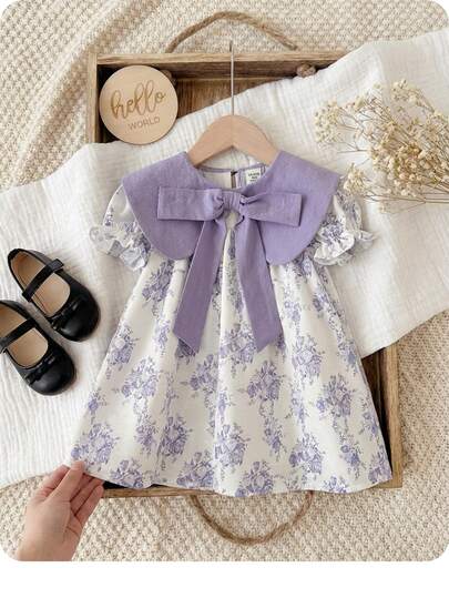 Baby Girls Elegant & Cute Colorblock Ditsy Floral Loose Fit Dress With Bow Collar, Summer