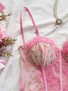 Soleia 豹纹蕾丝边紧身胸衣连体衣，性感露背细肩带修身连体衣，适合度假、约会、情人节、下午茶等场合 - 彩色 - 查看 4