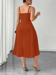 SHEIN Clasi Đầm trơn màu trơn, cổ thấp, không tay, thắt eo, dáng thanh lịch, cỡ lớn dành cho phụ nữ - trái cam - Xem 2