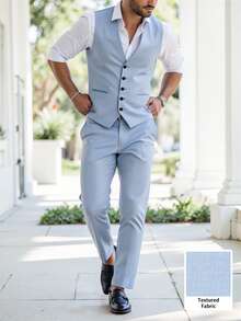 Manfinity Bizformal Men's Suit Set, Allover Print Lapel Long Sleeve Top And Stylish Business Long Pants Men Wedding Outfit Men Suits Groom Royal Blue And White Suit Baby Blue Men Outfit Men Dress Wear,Weekend Trips, Outdoor Activities, Travel Expeditions, Relaxed Work Environments Or Semi-Formal Occasions, Boyfriend/Husband Gift, Anniversary /Birthday Gift Party Summer Vacation Holiday New Years Wedding Valentine's Day,Blue Vest, Suit Pants, Men's Suit Set, Groom / Best Man Clothing - Baby Blue - View 7