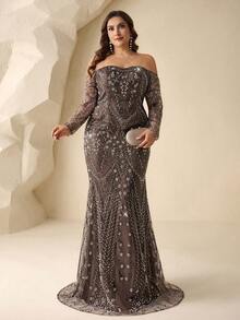 Coutiva 大码优雅秋冬亮片串珠露肩长袖两件套，搭配美人鱼裙，正式晚礼服，适合婚礼宾客、毕业典礼、生日派对、音乐节等场合，闪亮水钻，奢华钻石，耀眼魅力。 - 棕色 - 查看 7