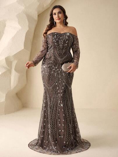 Coutiva Conjunto de dos piezas elegante de talla grande para otoño/invierno con lentejuelas y cuentas, hombros descubiertos y mangas largas, emparejado con una falda de sirena, vestido de noche formal, adecuado para invitados de boda, ceremonias de graduación, fiestas de cumpleaños, festivales de música y otras ocasiones, con brillantes rhinestones, diamantes lujosos y un encanto deslumbrante.