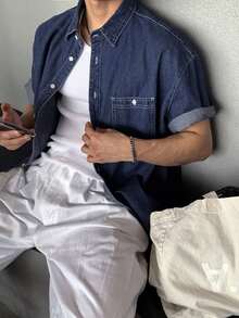 DAZY Men's Solid Blue Washed Denim Shirt, Summer - Blue - View 7