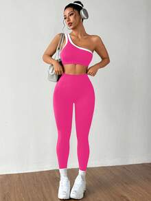 Dewbera Bộ đồ thể thao nữ áo ba lỗ tập yoga một vai liền mạch và nâng mông co giãn cao - Màu Hồng Tươi - Xem 3