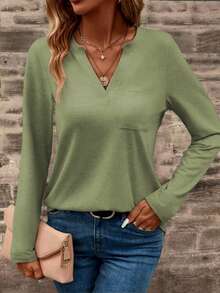 EMERY ROSE Áo thun nữ dài tay cổ chữ V màu trơn, kiểu dáng thường ngày, có túi. - màu xanh lá - Xem 3