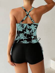 Swim Lushoire Tankini de traje de baño con estampado de palmeras tropicales y espalda cruzada para mujer, ideal para vacaciones de verano en la playa - Verde militar - Ver 2