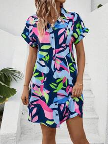 Breezaya Allover Print Batwing Sleeve Shirt Dress Vacation Beach Outfits Women - Navy Blue - View 4