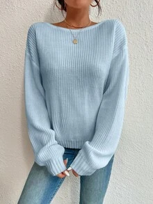 EURMUSE Women's Solid Color Loose Fit Dropped Shoulder Long Sleeve Criss-Cross Back Sweater, Autumn/Winter - Baby Blue - View 5