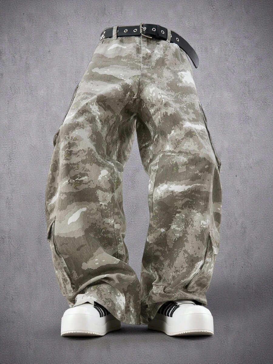 Manfinity Denimwave Quần jeans ống rộng màu sáng ngụy trang phong cách đường phố trẻ trung có túi lớn, Thu/Đông - Nhiều màu - Xem 1