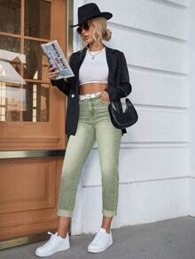 SHEIN Essnce Quần jean denim nữ dáng lửng, cạp cao, ống rộng, đơn giản, đa năng, thích hợp mặc hàng ngày đi làm. - xanh quân đội - Xem 6